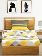 Load image into Gallery viewer, Ahmedabad Cotton 144 TC Cotton Single Bedsheet with 1 Pillow Cover - Yellow and Grey - Home Decor Lo