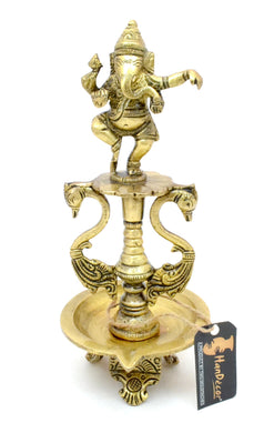 Two Moustaches Dancing Ganesha Brass Oil Diya with Base - Home Decor Lo