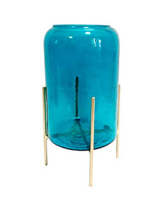 CURIO Hammered Teal Lustre Glass Cylinder Vase with Stand (17 x 17 x 30.5 cm) - Home Decor Lo