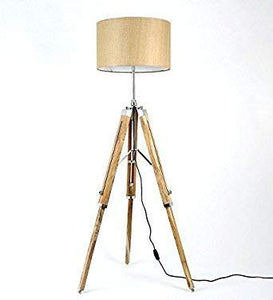Wood Tripod Floor Lamp with Shade and Wiring and Bulb, Teak Wood - Home Decor Lo