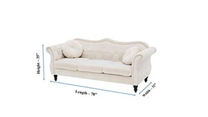Solid Wood Velvet Button Tuffted 3 Seater Chesterfield Sofa Set for Living Room, Off-White - Home Decor Lo