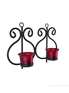 Heaven Decor Decorative Red Glass Cup Tealight Candle Holder Wall Hanging Iron Votive, Festive Lights for Decoration Set 2