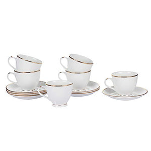 Femora Indian Ceramic Fine Bone China Gold Line Diamond Cut Dinnerware White Tea Cups, Mugs and Saucer-200 ml - Set of 6 (6 Cups, 6 Saucer) - Home Decor Lo