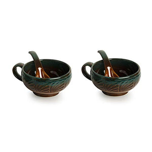 ExclusiveLane 'Amber & Teal' Studio Pottery Handled Ceramic Soup Bowls with Spoons & with Handle (Set of 2, 300 ML, Dishwasher & Microwave Safe), Amber with Teal tints, Standard (EL-005-698) - Home Decor Lo
