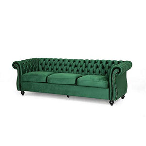 Solid Wood Velvet Button Tufted 3 Seater Chesterfield Sofa Set for Living Room, Green - Home Decor Lo