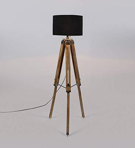 Beverly studio 14" Black Fabric lamp Shade with Teak Wood Tripod Floor lamp - Home Decor Lo