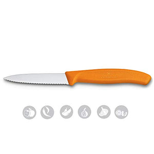 Victorinox Kitchen Knife, Stainless Steel Swiss Made Vegetable Cutting and Chopping Knife, Serrated Edge, 8 cm, Orange - Home Decor Lo
