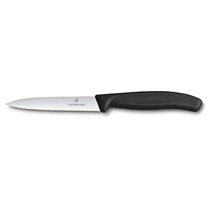 Victorinox Kitchen Knife, Stainless Steel Swiss Made Vegetable Cutting and Chopping Knife, Serrated Edge, 10 cm, Black - Home Decor Lo