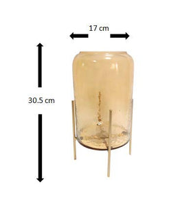CURIO Hammered Gold Lustre Glass Cylinder Vase with Gold Stand (17 x 17 x 30.5 cm) - Home Decor Lo
