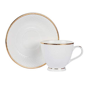Femora Indian Ceramic Fine Bone China Gold Line Diamond Cut Dinnerware White Tea Cups, Mugs and Saucer-200 ml - Set of 6 (6 Cups, 6 Saucer) - Home Decor Lo