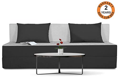 Adorn india Easy Three Seater Sofa Cum Bed (2 Years Warrenty Quality Foam)-Perfect for Seat & Sleep Washeble Polyster Fabric Cover (Black & Grey) 6'x6'.Pillows Free - Home Decor Lo