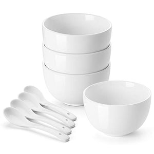 DOWAN Porcelain Bowls, 30 Oz Porcelain Bowl for Cereal, Soup, Ramen, Rice Bowls, Bowl Set of 4, with 4 Spoons, White - Home Decor Lo