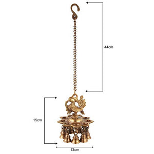 ONVAY Brass Peacock Design Hanging Diya with Bells (Brown_4 Inch X 4 Inch X 14 Inch) - Home Decor Lo