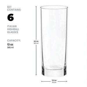 Paksh Novelty Italian Highball Glasses [Set of 6] Clear Heavy Base Tall Bar Glass - Drinking Glasses for Water, Juice, Beer, Wine, and Cocktails | 13 Ounces - Home Decor Lo