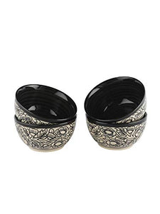 VarEesha Kalamkari Black & White Ceramic Veg Bowls/Katoris Set of Four - Home Decor Lo
