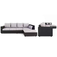 Load image into Gallery viewer, Furny Clarice 6 Seater RHS L Shape Sofa Set with Polyester Fabric &amp; Premium Leatherette (Grey - Black)|3 Years Warranty with 36 Density Foam - Home Decor Lo