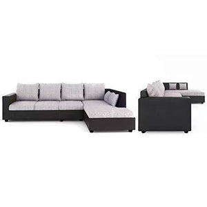 Furny Clarice 6 Seater RHS L Shape Sofa Set with Polyester Fabric & Premium Leatherette (Grey - Black)|3 Years Warranty with 36 Density Foam - Home Decor Lo