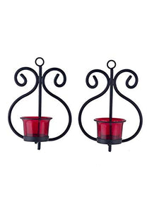 Heaven Decor Decorative Red Glass Cup Tealight Candle Holder Wall Hanging Iron Votive, Festive Lights for Decoration Set 2