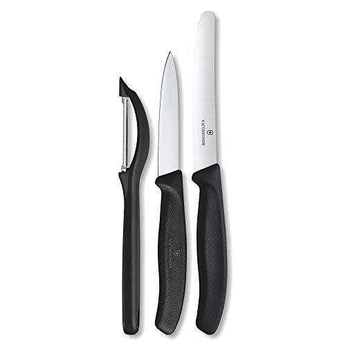 Victorinox Kitchen Knife, Set of 3, Sharp Straight Edge and Wavy Edge Knives with Stainless Steel Universal Peeler, Black - Home Decor Lo