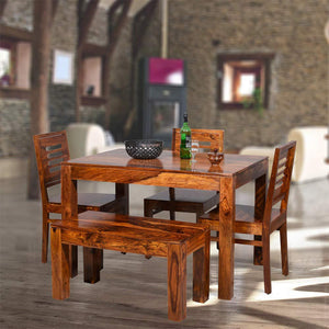 Dining Table Set with 3 Chairs & 1 Bench | Honey Finish - Home Decor Lo