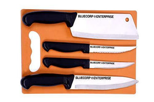 BLUECORP® ENTERPRISE Stainless Steel Kitchen Knives Set, Standard Kitchen Knife/Vegetable Knife/PARING Knife, 4 Piece Set with Chopping Board, Knife Sets (Orange) - Home Decor Lo