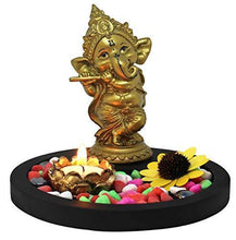 Load image into Gallery viewer, Ganesha Statue Playing Bansuri with Wooden Flower Tealight Candle - Home Decor Lo