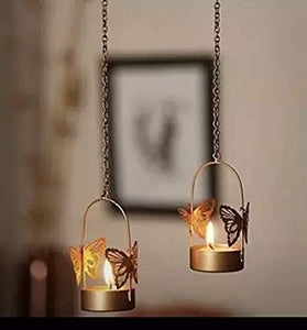 Qtsy Beautiful Handcrafted Metal Butterfly Shape Wall Hanging Tealight Candle Holder Brass Tealight Holder for Home & Balcony Pack of 2 - Home Decor Lo