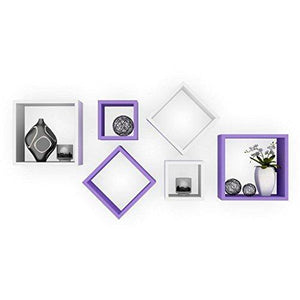 Santosha Decor MDF Wall Shelf Square Shape Set of 6 Floating Wall Shelves (White & Purple) - Home Decor Lo