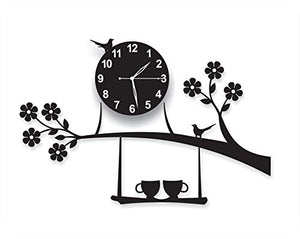 invision1 3D Acrylic Wall Clock Tree Bird Coffee Cup On Jhula Design for Living Room, Bedroom Wall, Home and Office - Black - Home Decor Lo