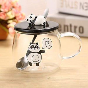 NYRWANA DELIVERING SMILES IN INIDA Glass Coffee Mugs With 3D Panda Lid And Spoon - 1 Piece, Transparent, 450 ml - Home Decor Lo