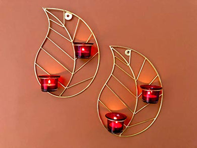 Maple Craft Golden Leaf T-Light/Wall Scones Set of 2 Brass Leaf Wood for Home Decor/Living Room/Bed Room (8 X 12 Inch) (T-Light Candle Holder) - Home Decor Lo
