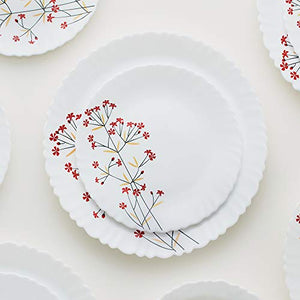 Larah by Borosil Red Bud Silk Series Opalware Dinner Set, 19 Pieces, White - Home Decor Lo