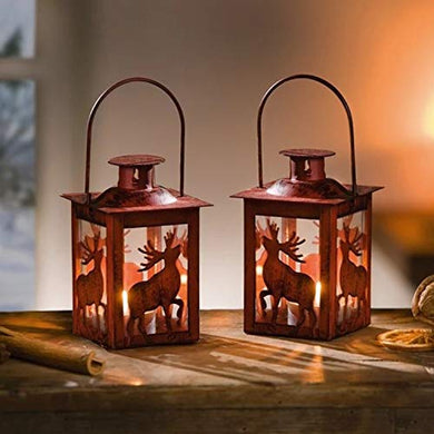 Sapi'S Vintage Red Lantern | Candle Hanging Lantern Stand with Deer | Home Decoration Iron Hanging Stand | Home Decoration/Diwali Decoration/Romantic Dinner/Birthday Parties/Indoor/Outdoor | Pack of 2 - Home Decor Lo