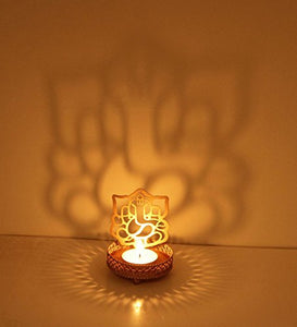 JD PRODUCTS Golden Metal Decorative Shadow Divine Lord Ganesha Ganpatiji and Laxmi Ji Tealight Candle Holder - Home Decor Lo