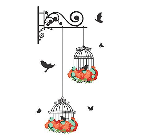 Decals Design Wall Sticker 'Hanging Birds Cage With Flowers' - Home Decor Lo