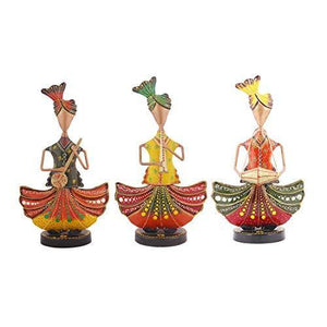 Handicrafts Paradise Tribal Rajasthani Musicians in Iron Handmade Decorative Gift Item Showpiece for Home Décor, Multicolour (12.75 inch) - Set of 3 p. - Home Decor Lo
