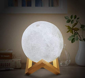 Wazdorf 3D USB Rechargeable Moon Lamp 7 Color Changing Sensor Touch Crystal Ball Night Lamp with Wooden Stand, Bedroom Lamp, Night Lamp for Bedroom, Bedroom Lamp for Kids (with Stand)(15CM) - Home Decor Lo