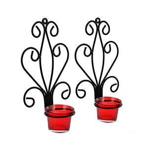 Saliha Art & handicrafts Modern Art Large Wall Sconce with Glass Votive Candle Tealight Holders,Set of 2,RED, Antique Metal Wall Scone Candles - Home Decor Lo