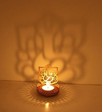 Ininsight Solutions Golden Metal Decorative Shadow Divine Lord Ganesha Ganpatiji and Laxmi Ji Tealight Candle Holder - Home Decor Lo