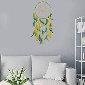 ILU® Wall Hangings, Home Decor, Handmade Wall Hanging for Bedroom, Balcony, Garden, Party, Cafe, Small Ring Beaded Yellow & Blue Feathers, 17cm Diameter, Length 51cm - Home Decor Lo