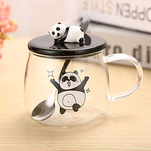 NYRWANA DELIVERING SMILES IN INIDA Glass Coffee Mugs With 3D Panda Lid And Spoon - 1 Piece, Transparent, 450 ml - Home Decor Lo