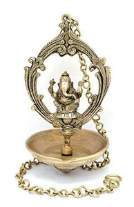 Two Moustaches Brass Handmade Ganesha Design Oil Wick Hanging Diya (Brown_5 Inch X 5 Inch X 10 Inch) - Home Decor Lo