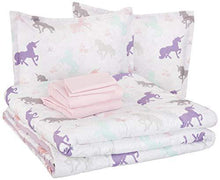 Load image into Gallery viewer, AmazonBasics Easy-Wash Microfiber Kid&#39;s Bed-in-a-Bag Bedding Set - Full or Queen, Purple Unicorns - with 4 pillow covers - Home Decor Lo