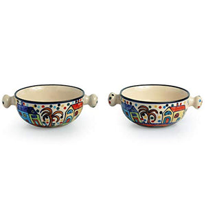 ExclusiveLane Handled Ceramic Bowls Set Snacks Bowl Set (2-Pieces, Multicolour) - Serving Bowls - Home Decor Lo