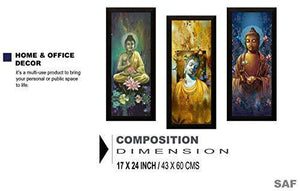 SAF 'Buddha' Digital Reprint (Synthetic, 42 cm X 60 cm, Set of 3, SAFlp02) & Radha Krishna Design Exclusive Painting with Frame for Home & Office Decoration(35 cm X 50 cm X 3 cm) Combo - Home Decor Lo