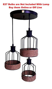 Lyse Decor_ Nordic Style Metal & Rope Shade 3 Lights Ceiling Chandelier Hanging Pendant Light Lamp (Black) - Home Decor Lo
