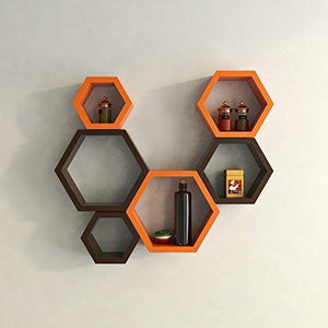 Home Design Mart Hexagon Shape Wall Mounted Shelf Rack Designer for Living Room Set of 6 (Orange & Brown) - Home Decor Lo