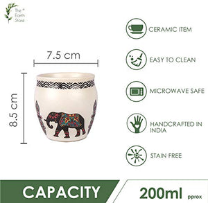 The Earth Store Re-useable Beautiful Elephant Ceramic Handmade Kullad/Cup Without Handle (White, 150 ml) Set of 6 - Home Decor Lo