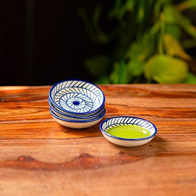 ExclusiveLane 'Indigo Chevron' Hand Painted Ceramic Small Bowl for Chutney Bowls for Serving (Set of 4, 25 ML, Microwave Safe) - Mini Bowls for Dip Bowls Ceramic Bowls Chutney Serving Set Sauce Bowl - Home Decor Lo