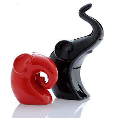 LADROX Lavish Home Décor Elephant Set | Glossy Ceramic Figurines - (Set of 2 Piece, Red Black)